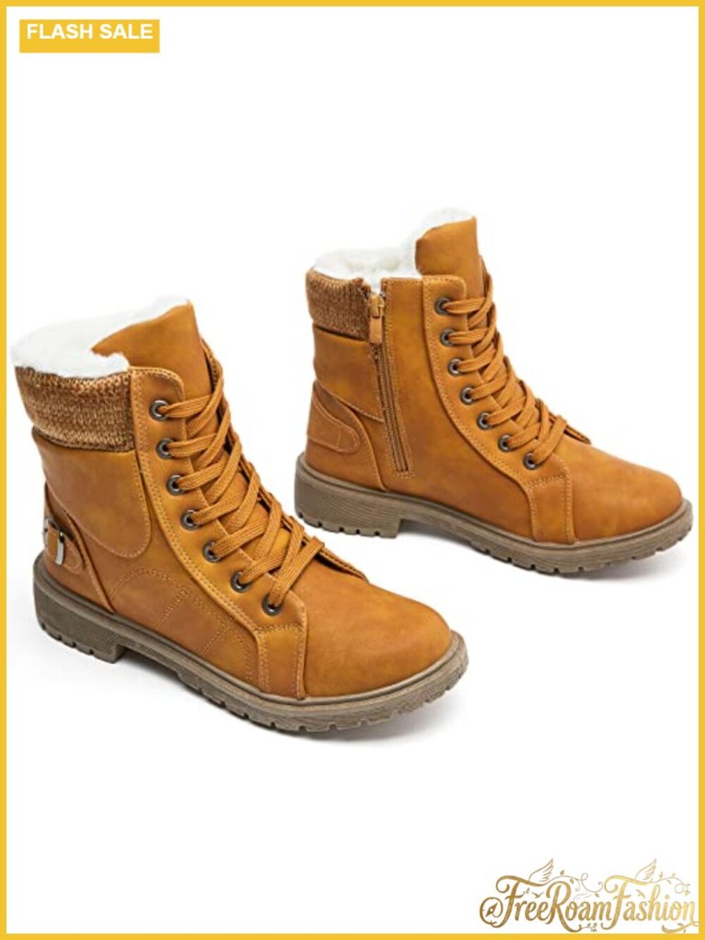 Lace Up Combat Boots Fur Lined Waterproof Non Slip Faux Leather Ankle Booties